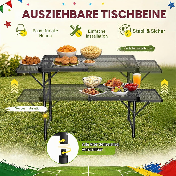 Klappbare Campingtische mit Metallgitterplatte, Faltbare Regal &amp; Griff, 2 Höhenverstellbar Metall Be
