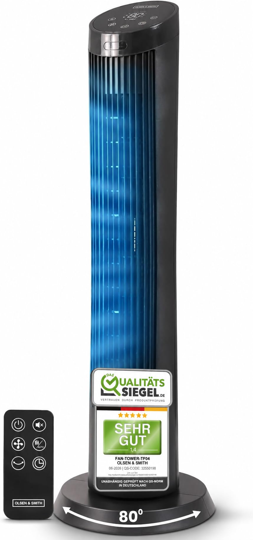 Olsen & Smith Turmventilator mit Fernbedienung | Leiser 27-dB-Ventilator fürs Schlafzimmer | 91 cm (