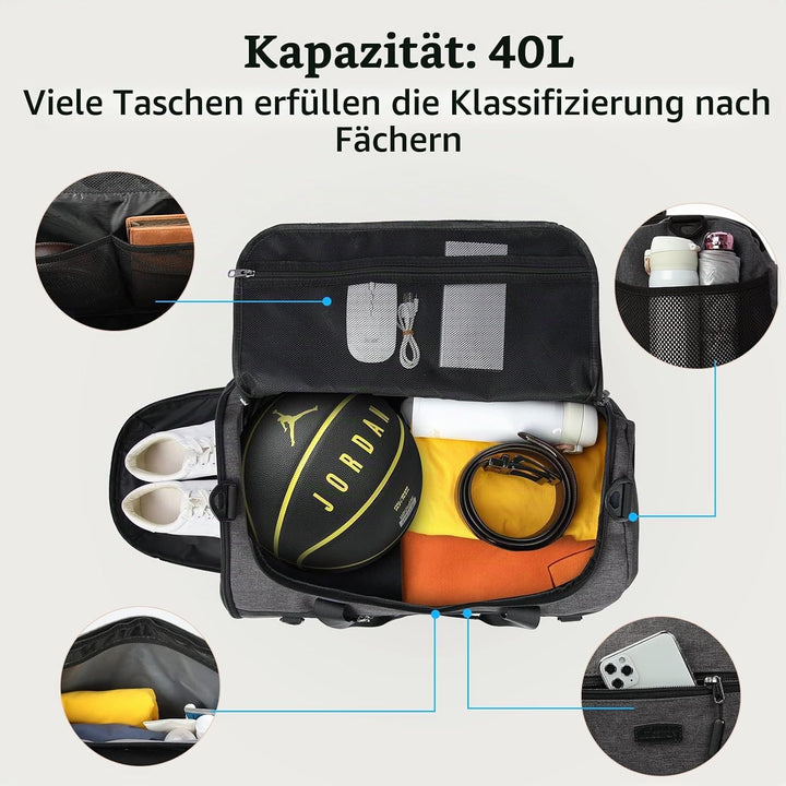 Lubardy Sporttasche Reisetasche Gross 40L Wasserdicht mit Sporthandtuch Schuhfach Nassfach Weekender