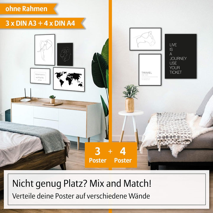 Hyggelig Home Premium Poster Set - 7 harmonische Line Art Bilder - Tiere schwarz weiss Strichzeichnu