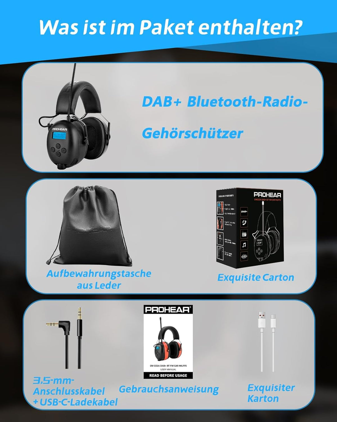 PROHEAR 033A (Upgraded) Gehörschutz mit Radio DAB +/Bluetooth/FM, Kopfhörer mit Radio mit Eingebaute