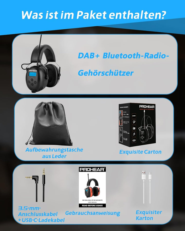 PROHEAR 033A (Upgraded) Gehörschutz mit Radio DAB +/Bluetooth/FM, Kopfhörer mit Radio mit Eingebaute