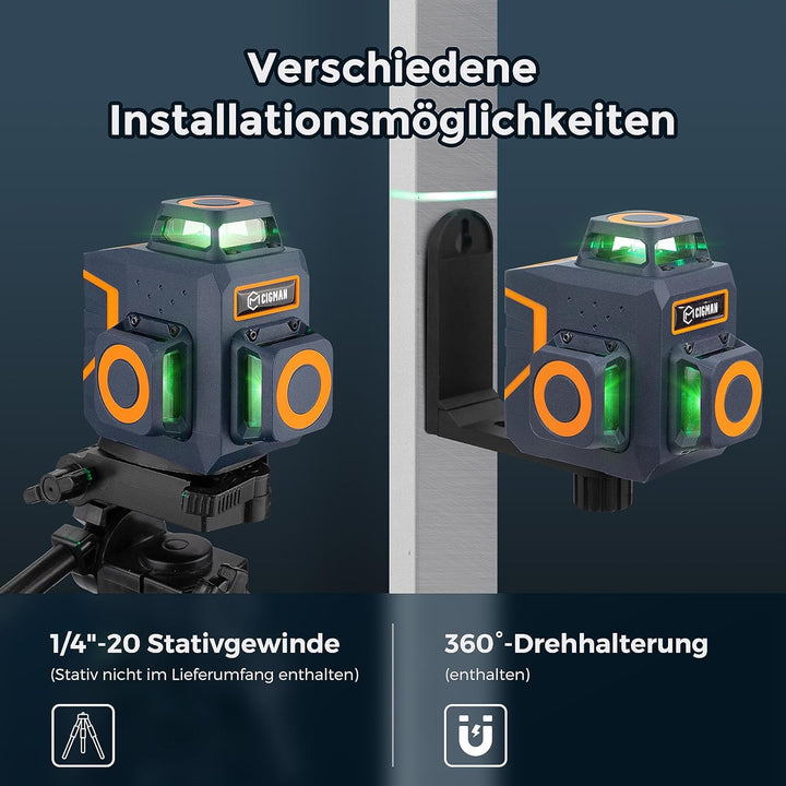 CIGMAN Kreuzlinienlaser Grün 3 x 360 Grad Laser Wasserwaage Nivellierlaser mit wiederaufladbarer Lit