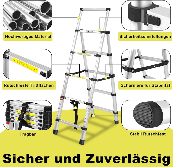 XMTECH 1.4m+1.7m Aluminium Teleskopleiter Klappleiter A-Rahmen 5 + 6 Stufen, Rutschfester Aluleiter