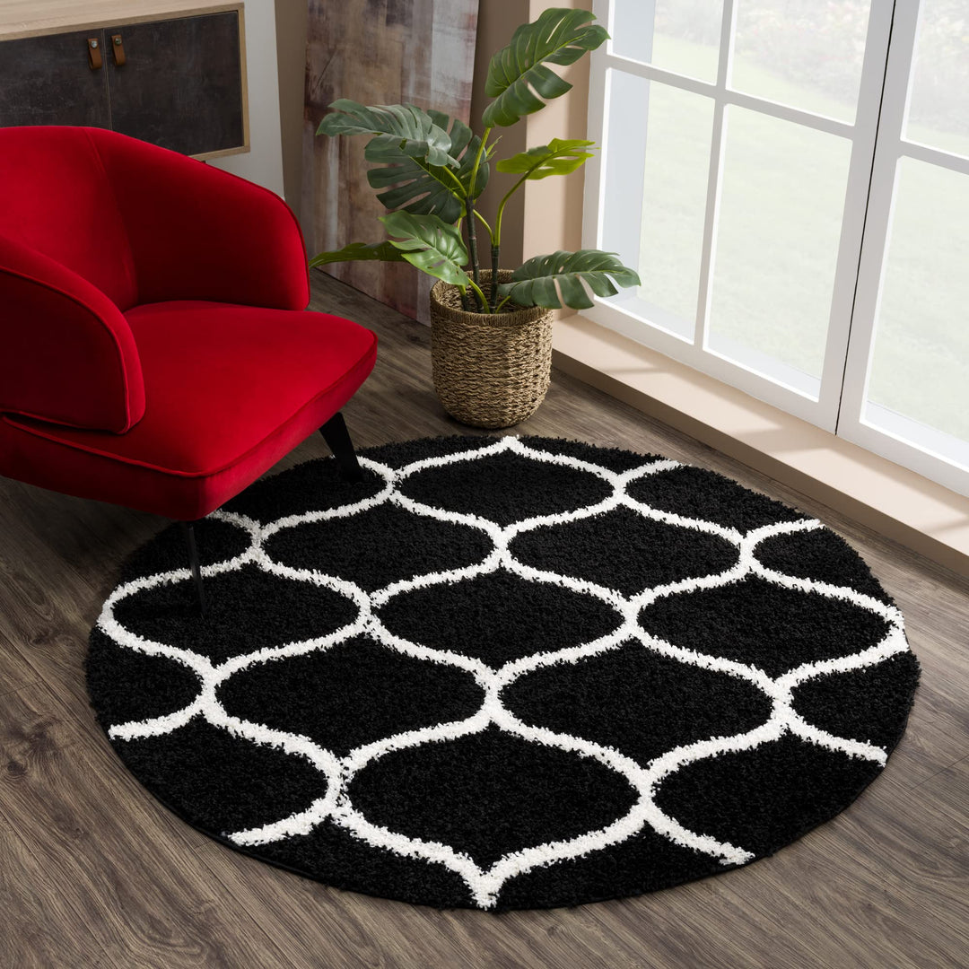 SANAT Madrid Shaggy Teppich Rund - Hochflor Teppiche für Wohnzimmer, Schlafzimmer, Küche - Schwarz,
