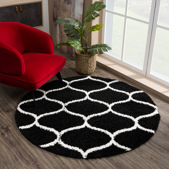 SANAT Madrid Shaggy Teppich Rund - Hochflor Teppiche für Wohnzimmer, Schlafzimmer, Küche - Schwarz,