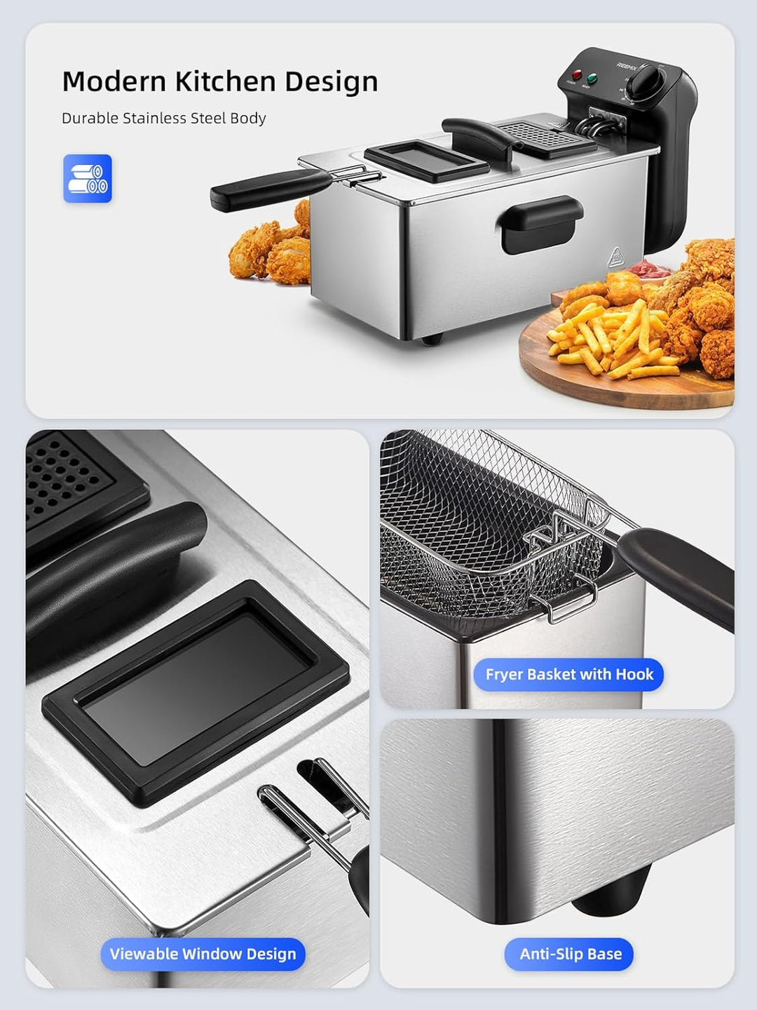 Fritteuse 3 Liter, Cool Zone Technologie, Verstellbarer Thermostat bis 190°C, 2000W Kaltzonenfritteu