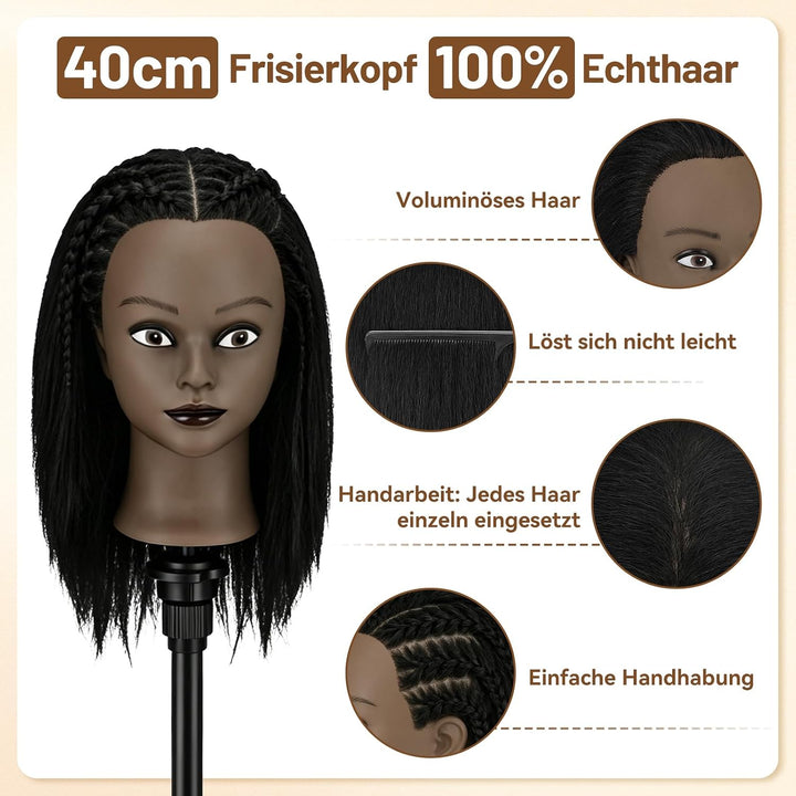 TwoWin 16 Zoll /40 cm Afro Trainingsköpfe für Friseure, Frisierkopf mit 100% Echthaar, Übungskopf Af