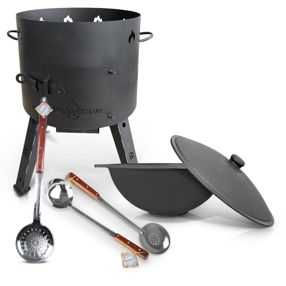 Utschak Feuerofen mit Gusseisen Topf flacher Boden mit Deckel 16 L Ø 44 cm Kazan Schaumlöffel für Pl