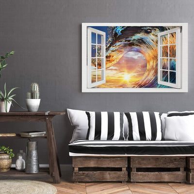 PICANOVA – Bild auf Leinwand Wellen-Sonnenuntergang Fenster 100x75cm – Leinwandbild – Premium Leinwa