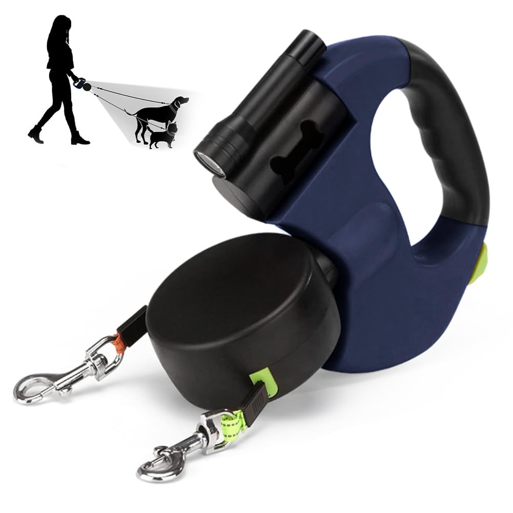 CRWEOM Hundeleine Doppelleine für 2 Hunde – Einziehbare Rollleine mit 360° Drehfunktion, LED-Beleuch