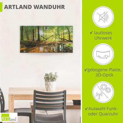 ARTLAND Wanduhr ohne Tickgeräusche Alu Funkuhr 60x30 cm Rechteckig Lautlos Wald Bach Landschaft Natu