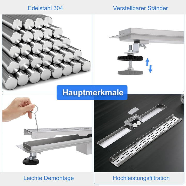 Duschrinne 60cm Gebürstet, 360° Siphon mit Geruchsstop und Haarsieb, 304 Edelstahl Ablaufrinne Boden