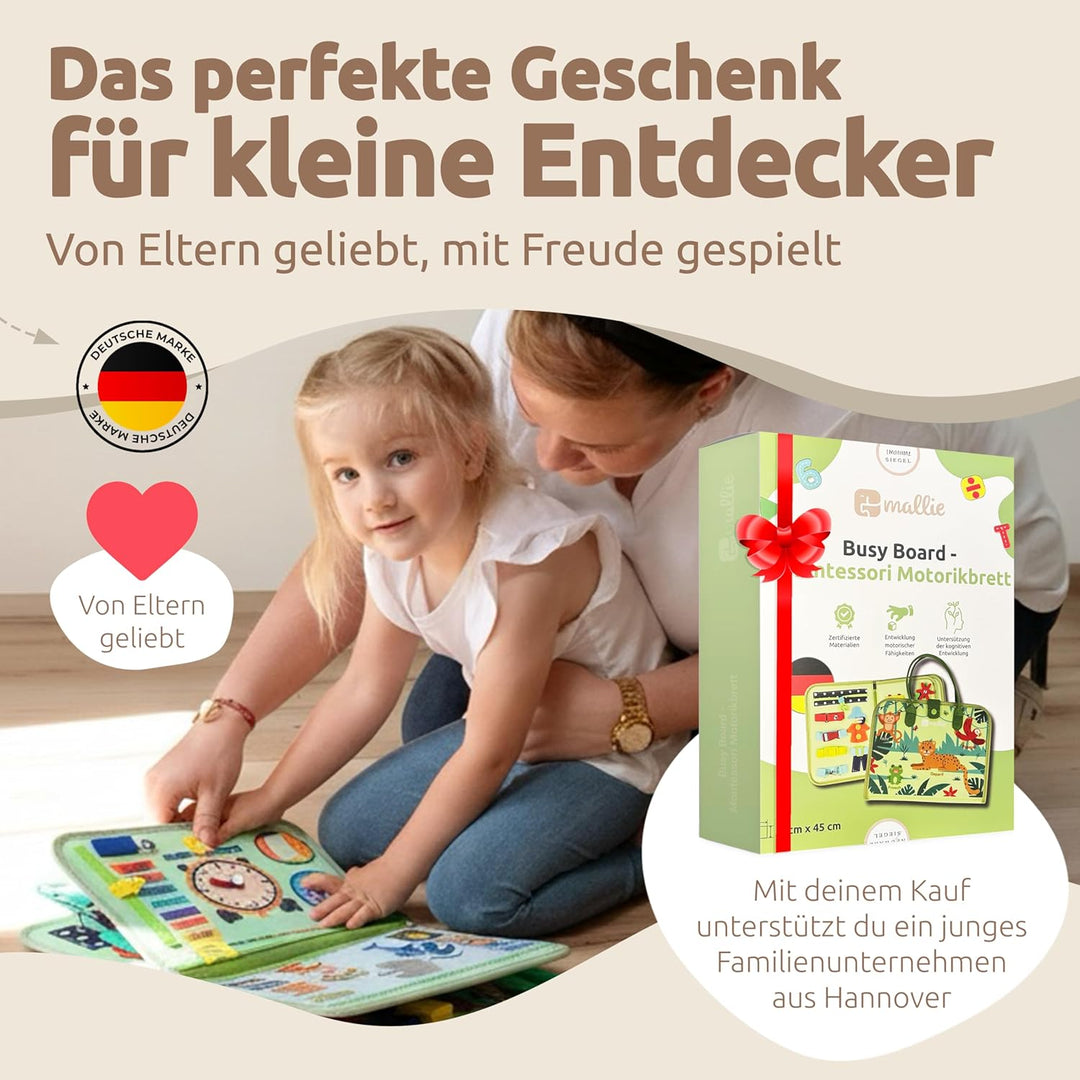 Mallie® Montessori Busy Board mit Rollenspiel-Set & Fingerpuppen [Version 2025] Lernbuch - Fördert F