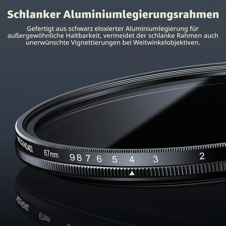 NEEWER BASICS 67mm variabler ND Filter, ND2-400 1-9 Stops Lichtreduzierung, drehbarer variabler Grau