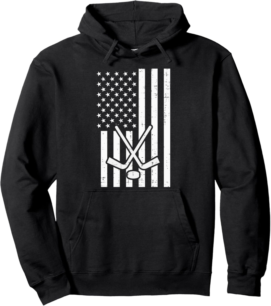 American Flag Ice Hockey Stick Puck Vintage Patriotic Player Pullover Hoodie