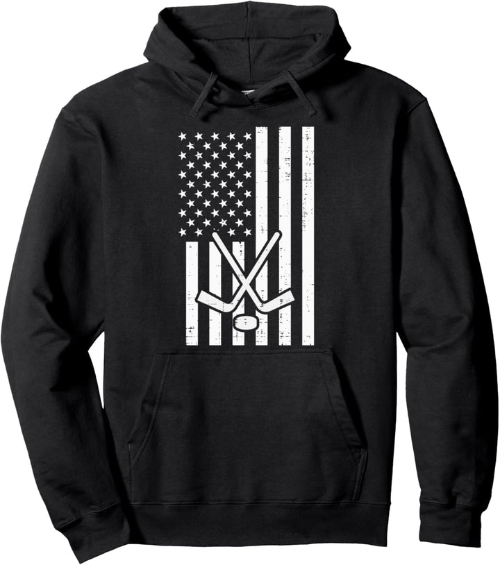 American Flag Ice Hockey Stick Puck Vintage Patriotic Player Pullover Hoodie
