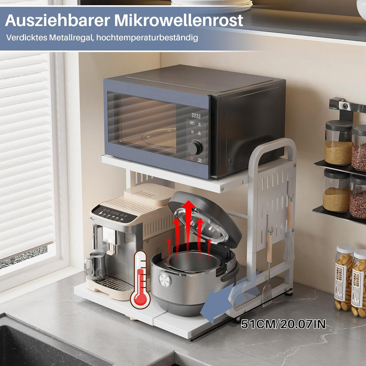 Ausziehbares Mikrowellenregal mit Schublade, 2-stöckiges Mikrowellenregal mit 6 Metallhaken, Airfrye