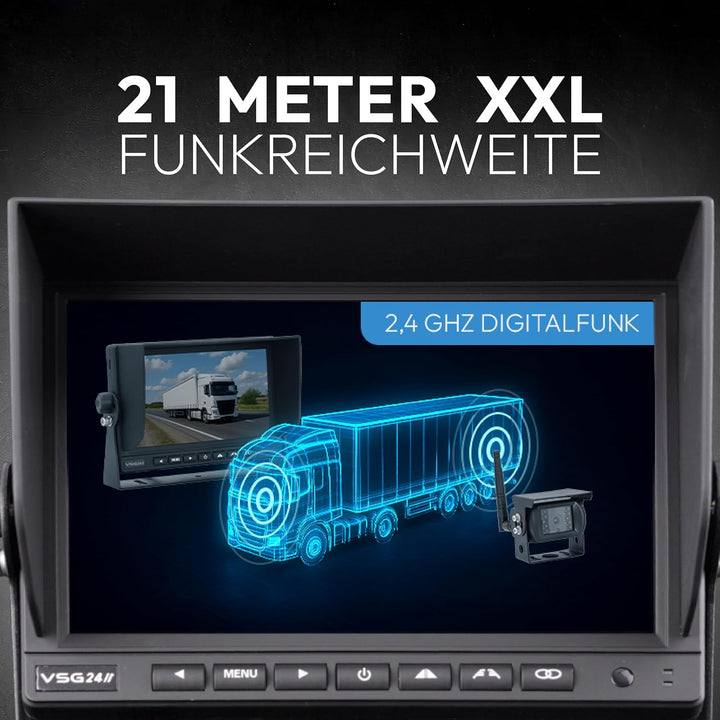 VSG24 7“ Evolution HD Funk Rückfahrsystem für Wohnmobil &amp; LKW, KFZ Set kabellos inkl. Rückfahrkamera