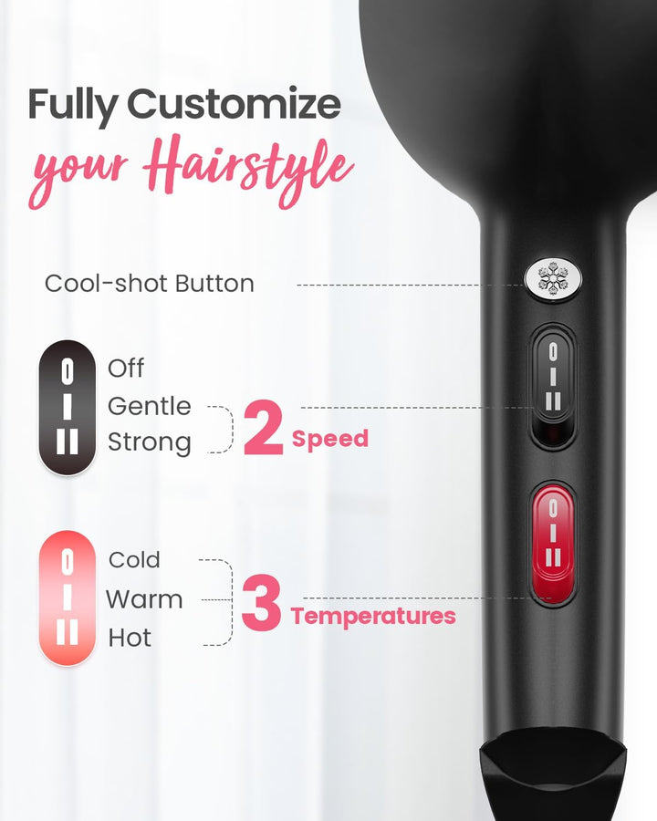 Dekuri Föhn Ionen, Profi Fön Haartrockner Hair Dryer Haarföhn mit 1 Diffusor 2 Stylingdüse, 3 Heiz u