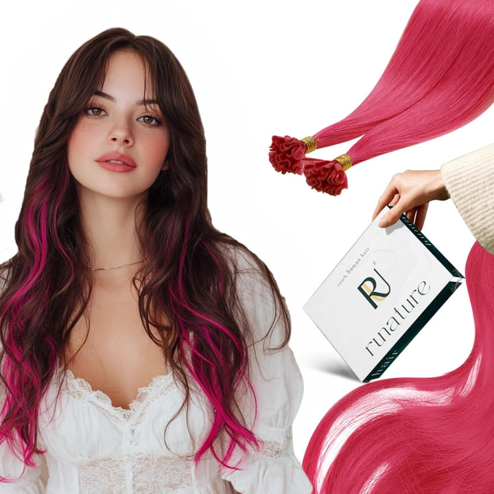 RUNATURE Keratin Haarverlangerung Echthaar Bonding Rosa 50cm Remy U Tip Extensions Echthaar 20 Zoll