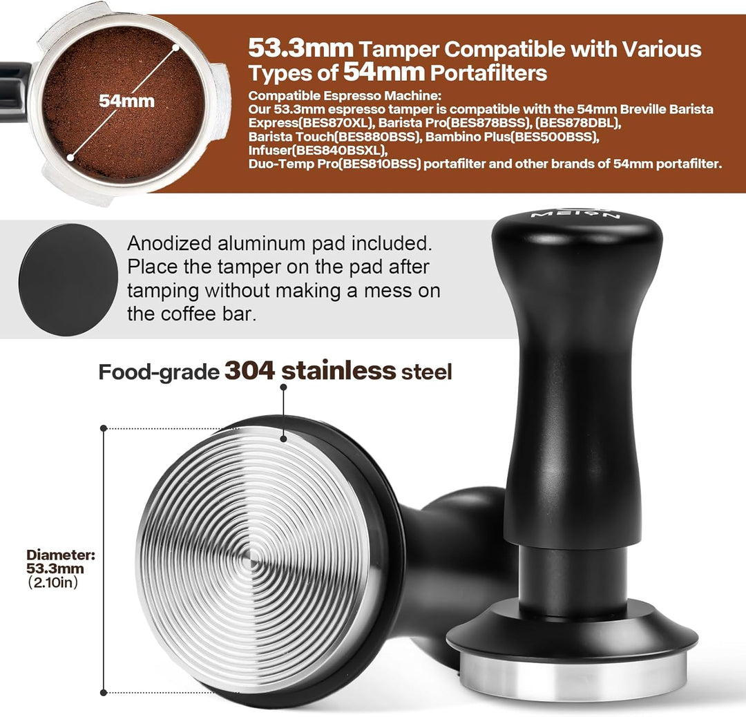 MEION Espresso Tamper 53.3mm, Kaffee Tamper, auf 30 lbs Anpressdruck kalibiriert, Dual Federbelastet