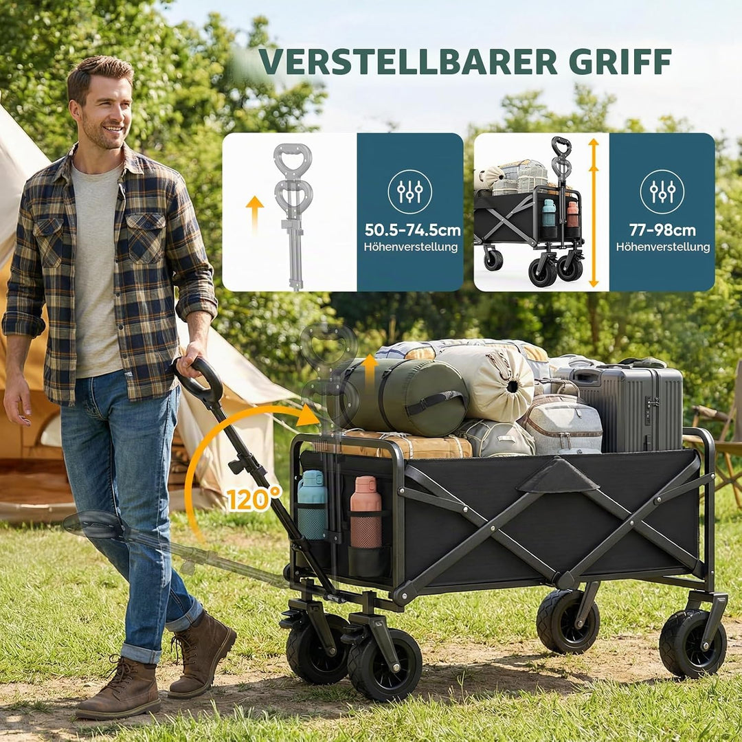 Bollerwagen Faltbar 100L/100KG Tragkraft – mit Bremsen, Handwagen mit Klappbarem Griff &amp; Abnehmbaren