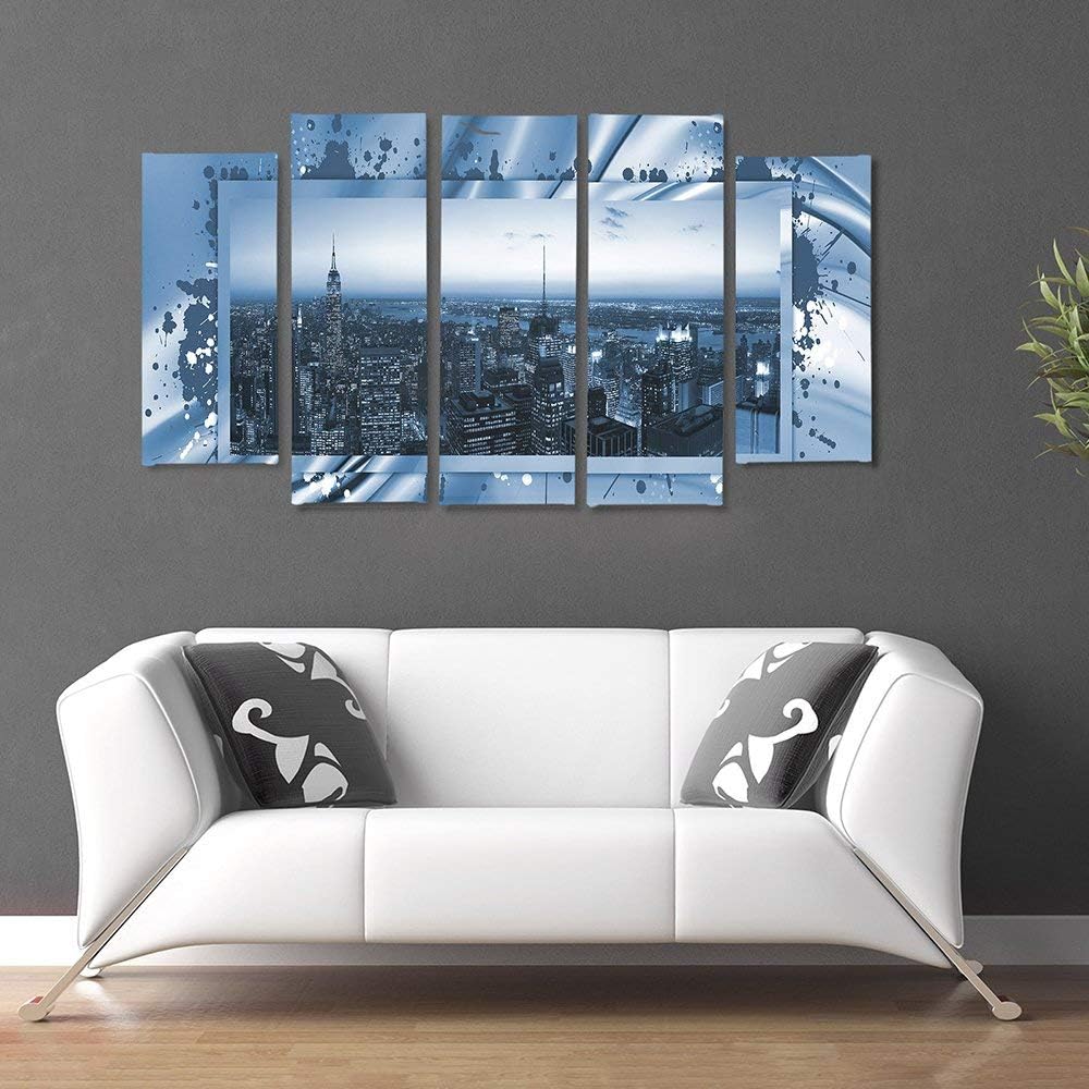 Feeby Frames, Leinwandbild Bilder Wand Bild - 5 Teile - Wandbilder Kunstdruck (New York City, BLAU)