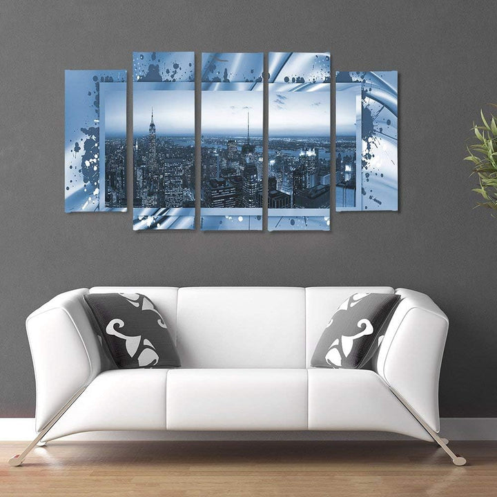 Feeby Frames, Leinwandbild Bilder Wand Bild - 5 Teile - Wandbilder Kunstdruck (New York City, BLAU)