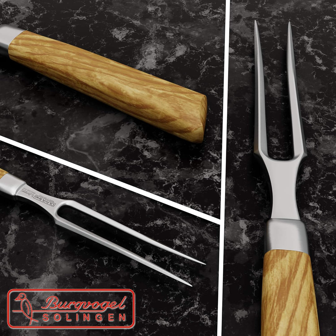Burgvogel Solingen Fleischgabel 15 cm geschmiedet Olivenholz, Oliva Line, Grillgabel rostfrei, Wurst