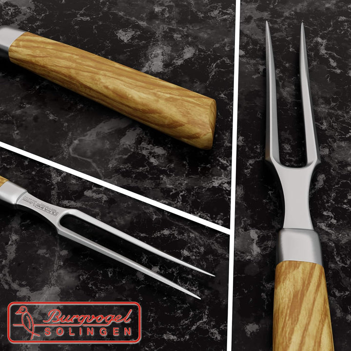 Burgvogel Solingen Fleischgabel 15 cm geschmiedet Olivenholz, Oliva Line, Grillgabel rostfrei, Wurst