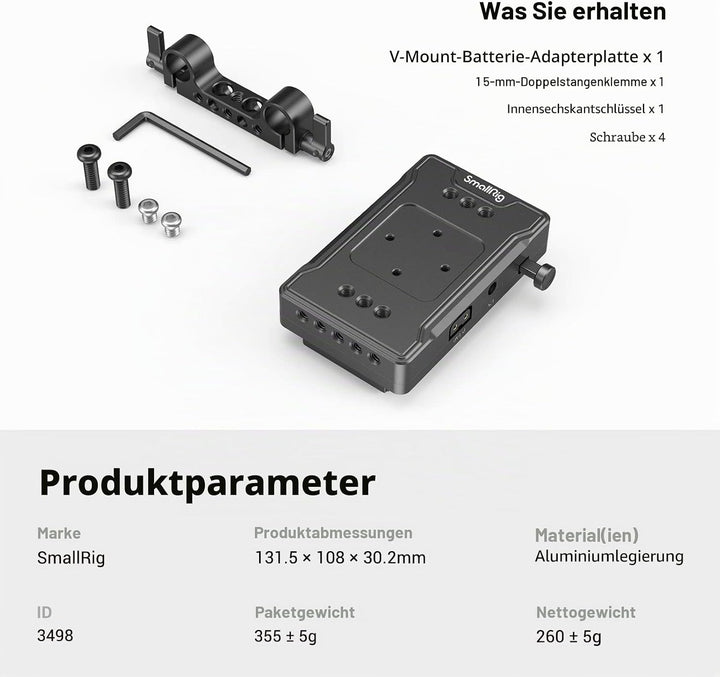 SMALLRIG V-Mount Akkuplattenadapter mit doppelter 15-mm-Stabklemme, für spiegellose/DSLR-Kamera, für