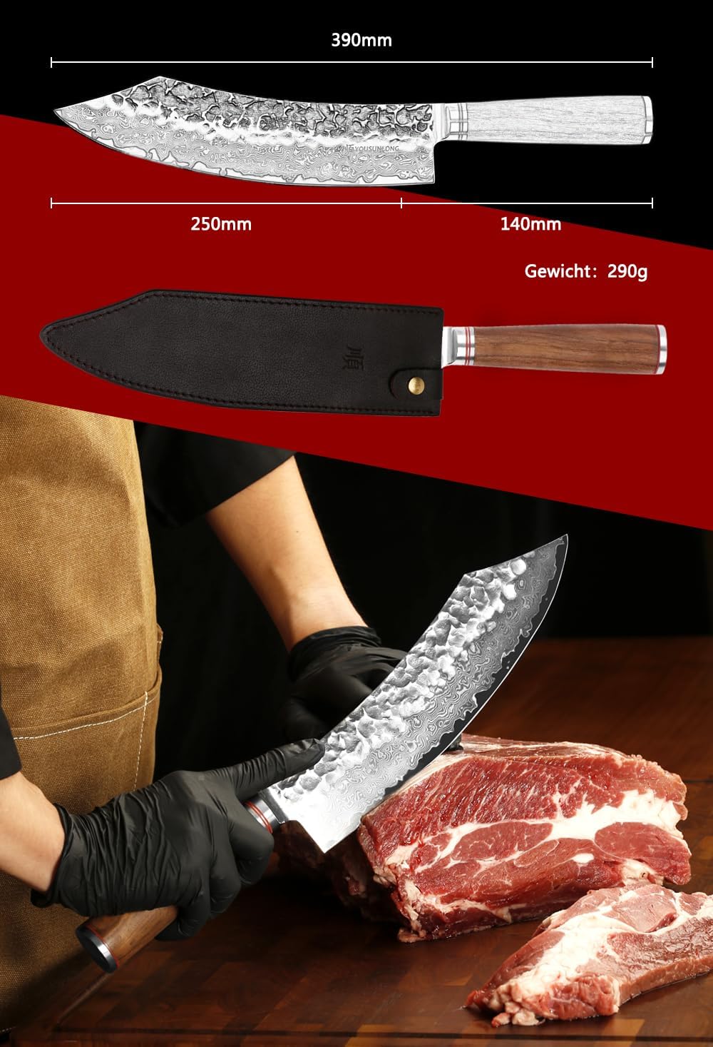 YOUSUNLONG Blockmesser 10 Zoll Profi Blockmesser mit Damast Klinge 25 cm Knives Japanischer Griff au