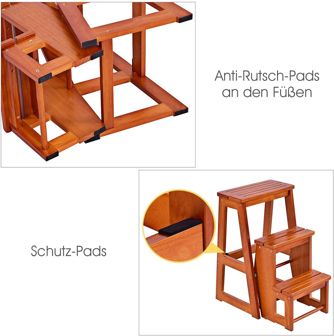 RELAX4LIFE Leiterstuhl 3 Stufen, Tritthocker Kiefernholz, Trittleiter zusammenklappbar, Trittstuhl,
