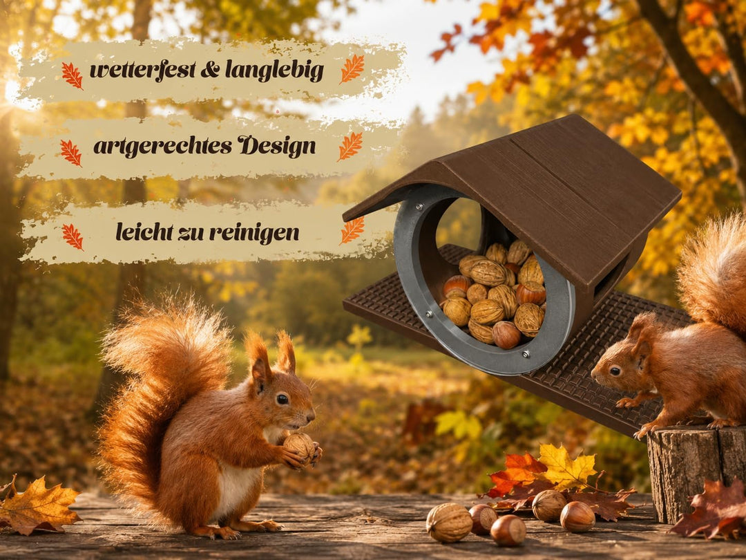 Eichhörnchen Futterhaus mit seitlichen Rundöffnungen - Leicht zu befüllen Dank herausnehmbarer Kartu