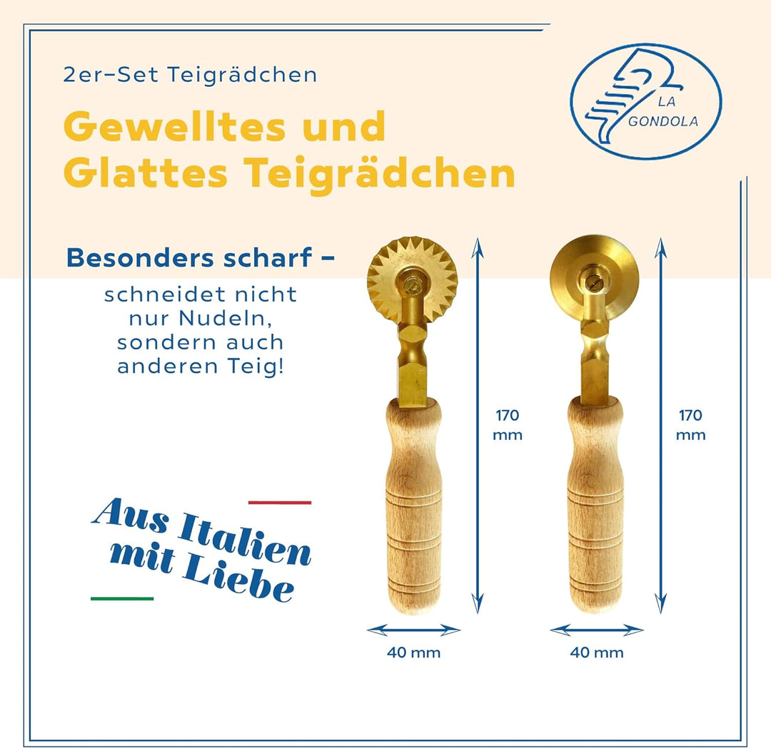 La Gondola Set mit 2 Teigrädchen - Gewelltes & Glattes Räder | Nudelwerkzeug | Messing & Naturholz |