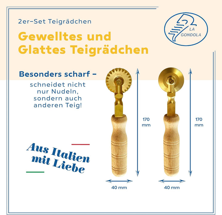 La Gondola Set mit 2 Teigrädchen - Gewelltes & Glattes Räder | Nudelwerkzeug | Messing & Naturholz |
