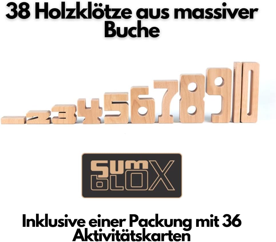 SumBlox Einsteiger Set - 38 Gross Holz Bausteine aus massiver Buche - Premium Zahlenbausteine Montes