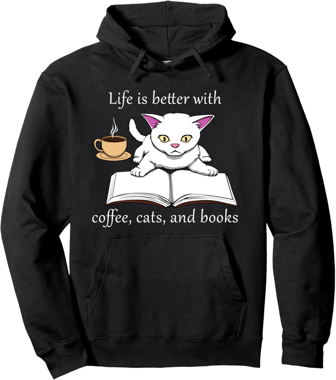 Niedliche Katze Buch Lesen Kaffee Pullover Hoodie