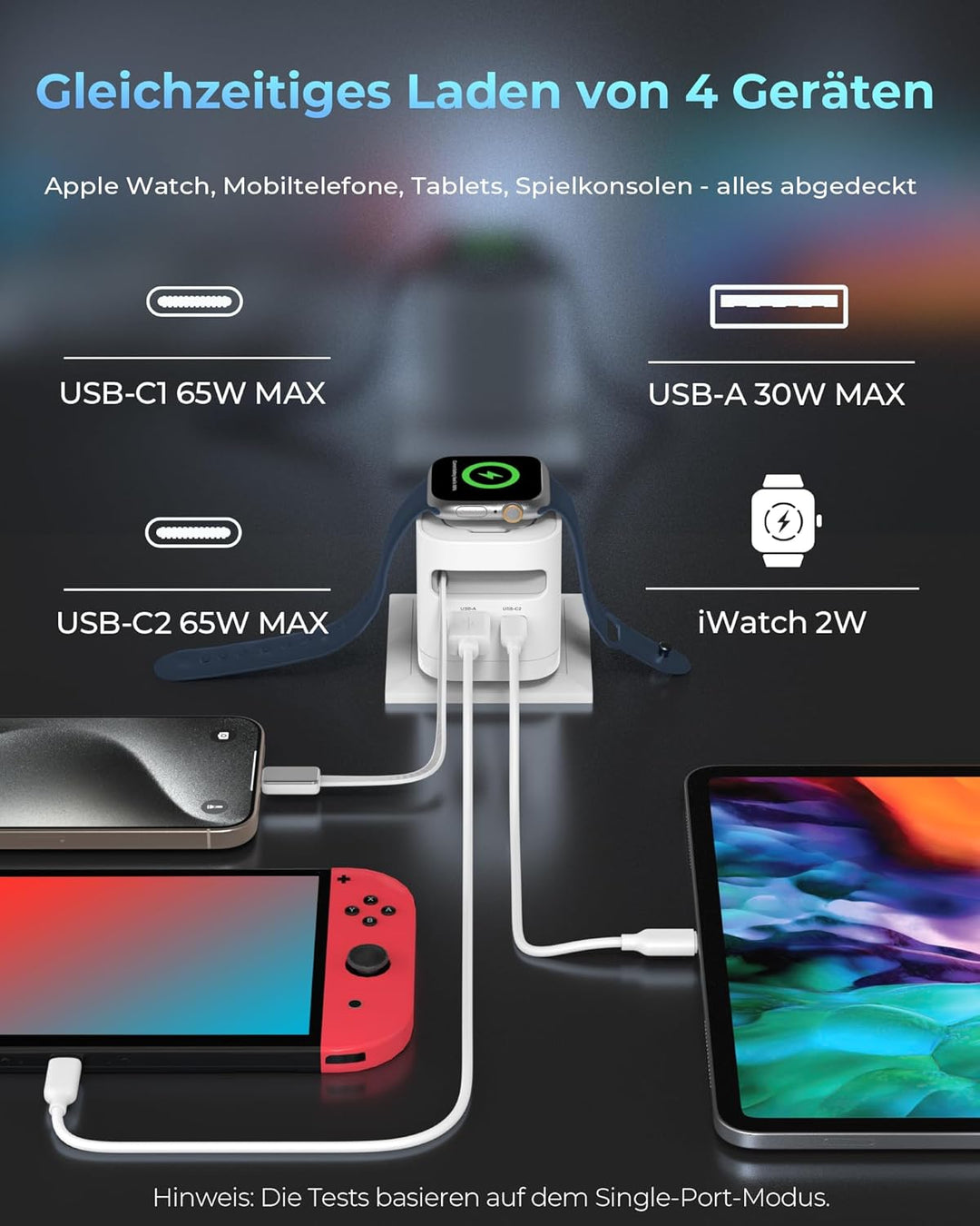 Einziehbares 65W USB C ladegerät mit Kabeln für Apple Watch, 4-Port GaN USB C Ladegerät Netzteil mit