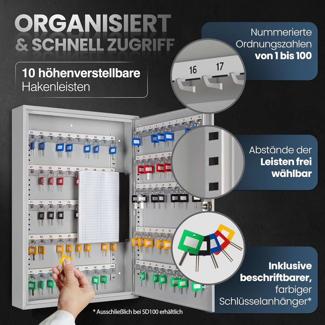 Schlüsselkasten SD100 – Schlüsselschrank mit 100 Haken, robuste Schlüsselbox aus Stahl, abschliessba