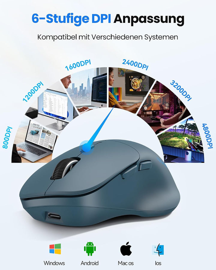 TECKNET Bluetooth Maus Wiederaufladbar, Ergonomische Daumenauflage Blau, Blau
