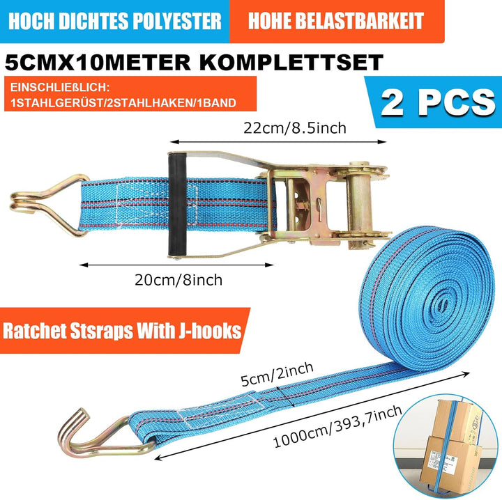 2 Stück 50mm x 10m Spanngurte mit Ratsche und Haken, Ratschengurte Spanngurt 10M, Schwerlast Spanngu