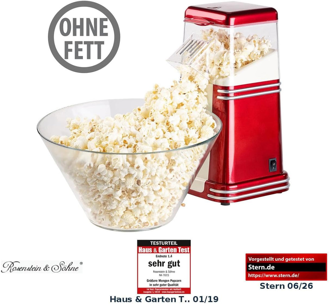 Rosenstein & Söhne Popkornmaschine: XL-Heissluft-Popcorn-Maschine für bis zu 100 g Mais, 1.200 Watt