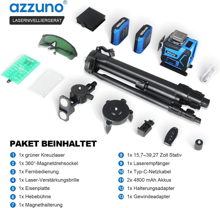 Laserstufe 4x360° Grünstrahl mit LCD-Bildschirm, Selbstnivellierendes Werkzeug mit wiederaufladbarem