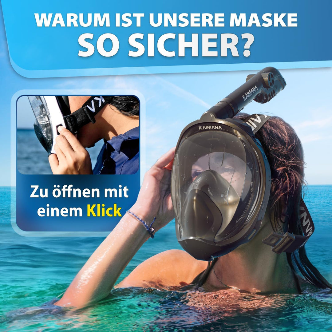 Die Preisgekrönte KAIMANA® Schnorchelmaske Kinder & Erwachsene - absolut CO₂ sicher - inkl. Tragetas