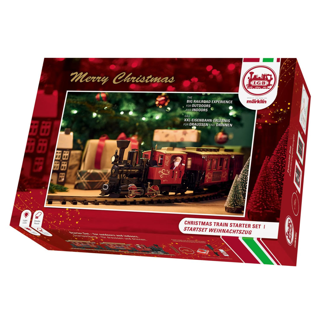LGB – 70308 Gartenbahn Starterset Weihnachtszug mit Lokomotive und Zwei Waggons, Outdoor-Eisenbahn,