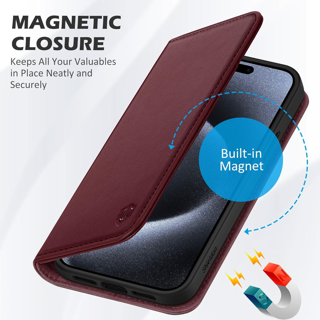 SHIELDON Hülle für iPhone 15 Pro Max, Handyhülle [Kartenfächer] [Echtes Rindsleder] [Standfunktion]