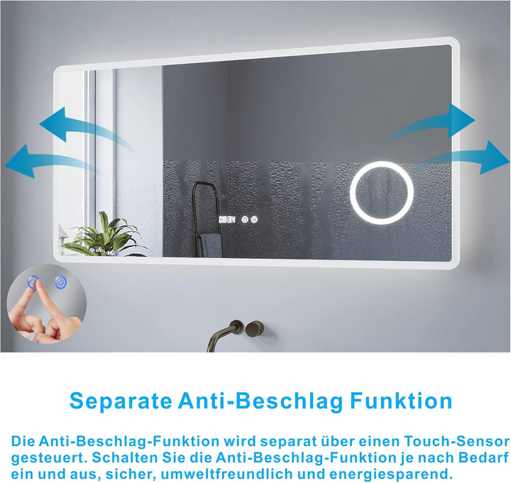 Badezimmerspiegel mit Licht Schminkspiegel Uhrzeit 120x60 cm Badspiegel mit LED Beleuchtung Antibesc