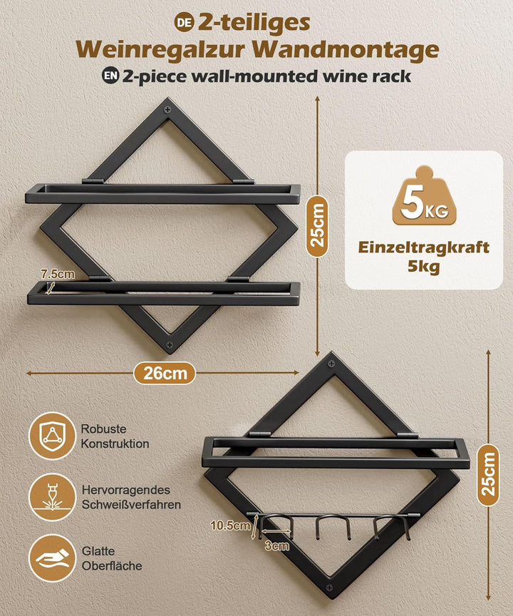 Yorbay Wand Metall Weinregal mit Glashalter: Modern Dekorativ Flaschenregal für 3 Flaschen und bis z